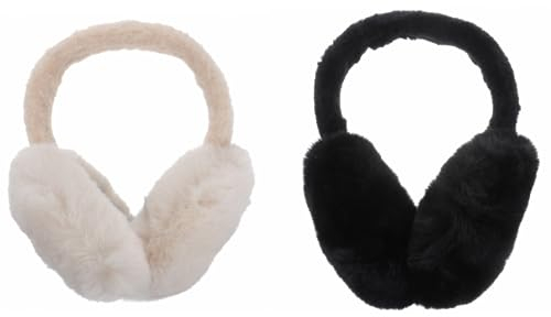 VALICLUD 2 Stück Winter Weihnachten Ohrenwärmer damen Plüsch Warme Ohrwärmer für mädchen mit fell(Schwarz und beige)