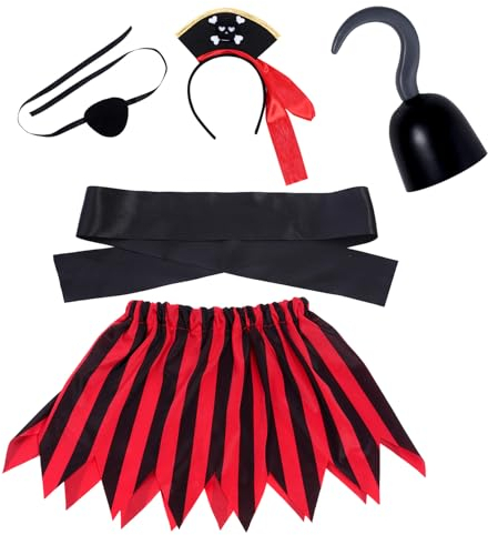 Yolyoo 5 Pieces Kids Pirate Costume Accessories Pirate Skull Headband Pirate Eye Patch Sash Captain Hook Skirt Halloween, Dress Up Parties