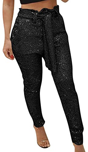 Guotobe Glitzer Hose Damen Sexy Festliche Pailettenhose Lang Glitzer Pailletten Lange Hosen Freizeithose Hohe Taille Silber Glitzerhose Festival Lose Hose Dehnbar Große Größen Tanzhosen