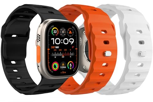 TiMOVO Deportiva Correa compatible con Apple Watch 42/44/45/46/49mm, Correa de Suave de Repuesto Ajuste para iWatch Ultra 2 Ultra SE Series 10 9 8 7 6 5 4 3 2 1, Negro/Naranja/Blanco