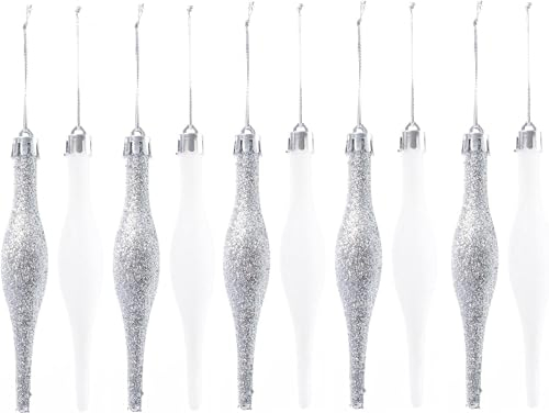 UKDeals Direct® Silver Collection Weihnachtskugeln in Tropfenform, glitzernd, matt, Eiszapfen (10 Stück, 120 mm, Silber und Weiß)