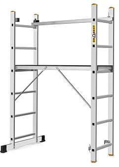 DRABEST PRO Scala 3in1 in Alluminio - Ponteggio, Scala Pieghevole Multiuso con Piattaforma di Lavoro E Gancio Per Secchio - Regolabile in Altezza, Pieghevole - 2x6 Gradini