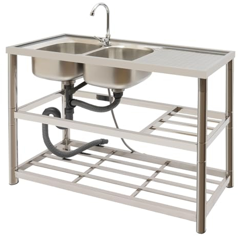 Fregadero Comercial de Acero Inoxidable, 120 x 45 x 80 cm Cocina Exterior Jardin, Mueble Fregadero Capacidad de Carga de 100 kg, Fregadero de Cocina Con Estante Inferior Grifo, Giratorio de 360°