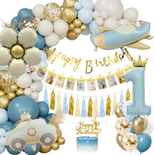 Geburtstagsdeko 1 Jahr Junge Blau, Luftballons 1. Geburtstag, Deko 1. Geburtstag Junge Blau Gold Luftballons, Erster Geburtstag Ballons mit Happy Birthday Banner Torte Deko für Kindergeburtstag Deko
