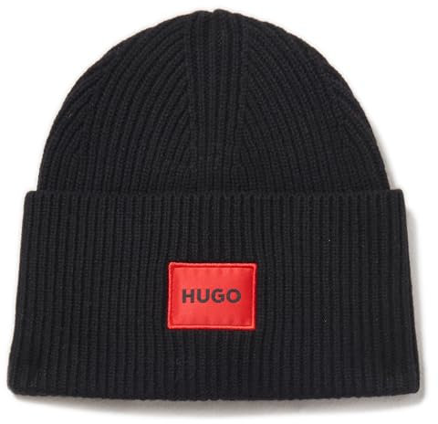 HUGO Herren Woven Logo Ribbed Knit Hat Beanie-Mütze, Black Olive, Einheitsgröße