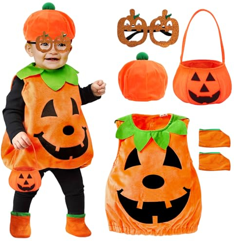 YADODO Kürbis Kostüm Kinder Baby 98 104 mit Hut Handtasche Maske Halloween Kostüm Kinder Kürbis Kleidung Mädchen Jungs kürbiskostüm Kind Baby Mädchen Jungs für Halloween Cosplay L