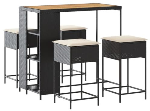 vidaXL Gartenbar Set 5-TLG., Gartenmöbel mit Kissen, Bartisch Stehtisch Barhocker Barstuhl, Theke Bar Tresen Gartentheke Sitzgruppe, Schwarz Poly Rattan