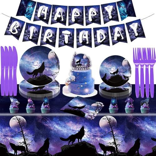 Wolf Party Supplies Wolf Geburtstag Party Dekorationen Geschirr Enthält Wolf Thema Tischdecke Banner Pappteller Serviette Kuchen Geschirr und Topper für Wildtier Galaxie Wolf Themenparty