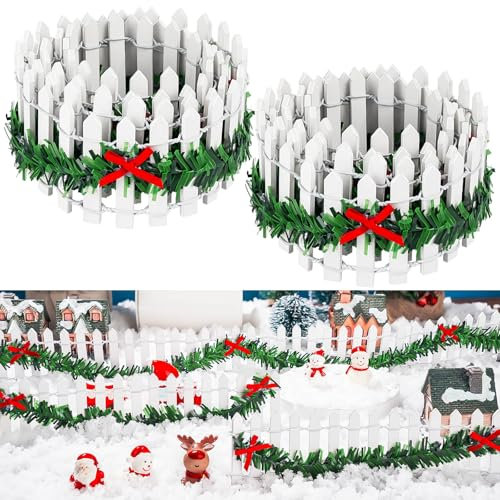 2 PCS 35 Inch Mini Christmas Garden Fence, White Miniature Fairy Garden Fence Mini Wood Picket Ornament Fence for Dollhouse Village Landscape Home Garden Plant