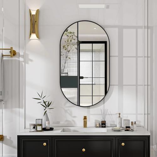 Koonmi Oval Badspiegel Schwarz, 43 x 76 cm Oval Wandspiegel aus gehärtetem Glas, Eitelkeitsspiegel ohne Verzerrung, horizontal oder vertikal hängend für Schlafzimmer, Eingangsbereich, Wohnzimmer