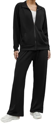 Terecey Damen Langarm Jogginganzug Streatwear Trainingsanzüge- Einfarbig Zweiteiler Hausanzug Set Tracksuit - Freizeit Sweatshirt mit Reißverschluss und Taschen Jogginghose mit Tunnelzug, Schwarz M