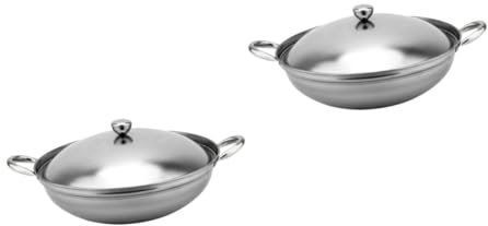 Amosfun 2 Set di Pentole in Acciaio Inox con Coperchio 2 Manici Fondo Rotondo Padella per Soffriggere Pentola Calda per Campeggio Allaperto Picnic 25 Cm