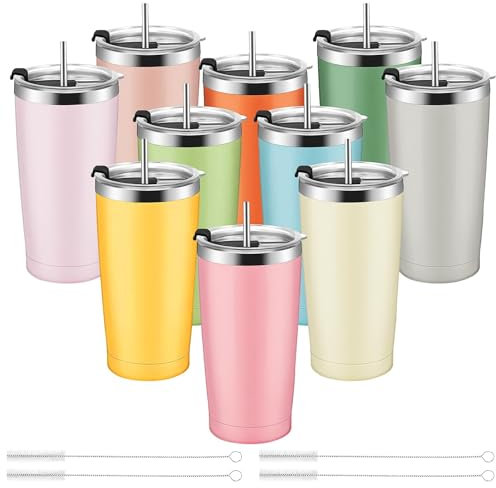TESIN 10er Bunte Edelstahl-Tumbler, 20 oz Isolierte Reisebecher mit Deckel und Strohhalm, Doppelwandige Vakuum-Kaffeetassen für kalte oder heiße Getränke (10)