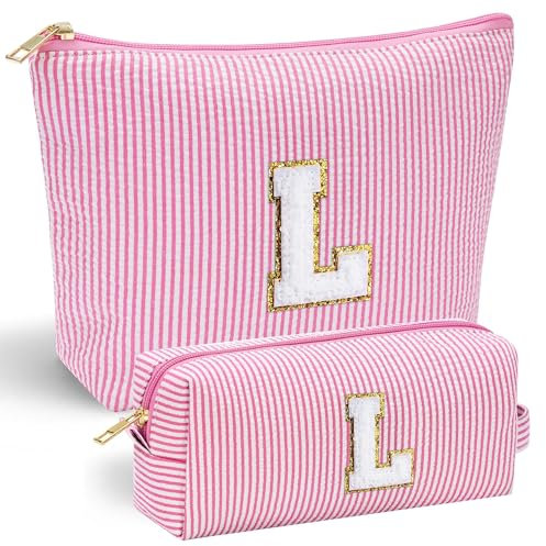 Parima Geschenke für Frauen - Personalisierte Kosmetiktasche Groß Kosmetiktasche Set Kosmetiktaschen Damen Mädchen Geburtstagsgeschenk für Frauen Teenager Mädchen Rosa Kosmetiktasche mit Buchstaben L