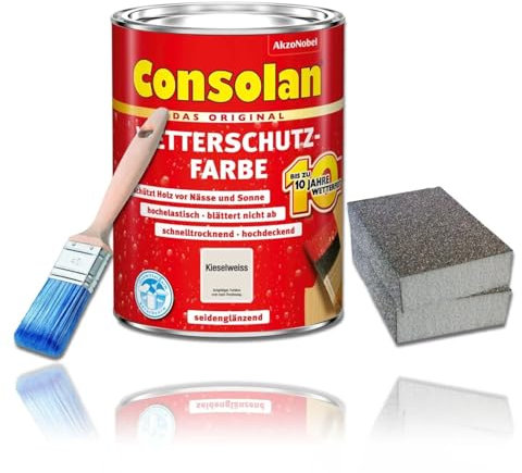 Consolan Wetterschutzfarbe Set 750 ml Holzfarbe Dauerschutz Deckend (Kieselweiß)