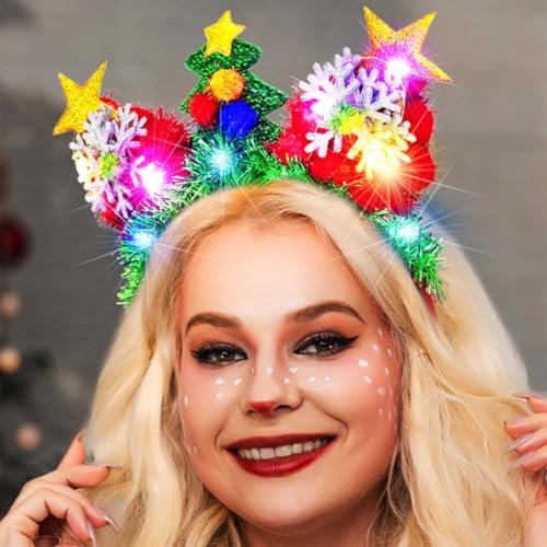 Reaky Bandeau lumineux de Noël clignotant avec arbres de Noël et étoiles LED - Accessoires de cheveux pour femme