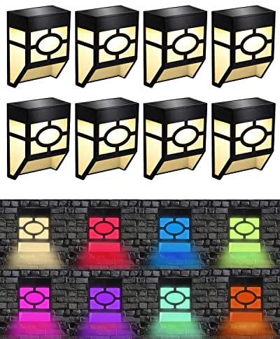2025 Newest Solar Lights Outdoor Garden, 8 Pack Solar Fence Lights with Warm White/Multi-Colour Changing, IP45 Outdoor Wall Light, Pathway Lighting for Step, Fence, Front Door, Yard and Deck Stairs