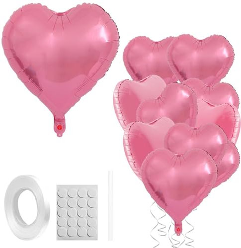 UTXN Lot de 10 Ballons en Forme de cœur Rose, 45,7 cm, en Aluminium, en Forme de cœur Rose, avec Colle, pailles, Rubans, décorations de Saint-Valentin pour la Saint-Valentin, Mariage