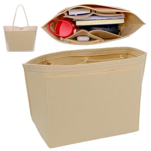 Mritrit Taschen Einsatz Organizer Große, Filz Inlay Taschen Organizer 40x18x23cm, Faltbare Taschenorganizer Shopper mit Mehreren Fächern, Handtaschen Teiler für Tragetaschen L, Beige
