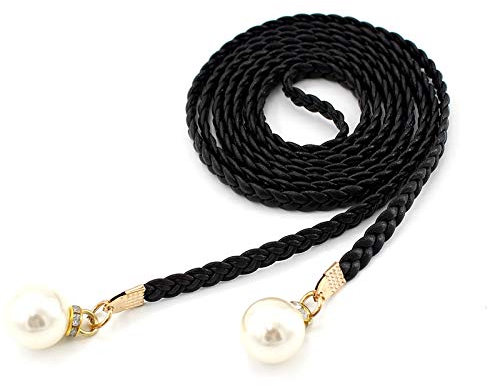 VASANA 3Pcs 140CM/55 Inch Length PU Leather Braided Waist Belt with Pearl Thin Dress Chain Belts Woven Rope Belts for Women Skirt Dress Pants (Black+White+Brown)