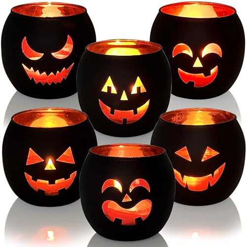 Kerzenhalter für Halloweendeko, 6 Stück Halloween Teelichthalter, Jack O Laterne, Teelichthalter, Schwarz Windlicht Glas mit Gravur, Halloween Deko für Tischdeko, Dekoration des Kamins
