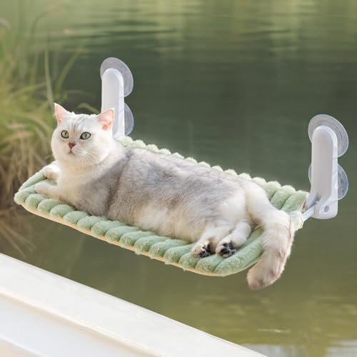 MEWOOFUN Katzenfenster-Sitzstange Faltbar mit abnehmbarem und wendbarem Bezug - Weiche Katzenfenster Hängematte mit verstärktem Stahlrahmen stabil bis 18 kg belastbar (Grün, M)