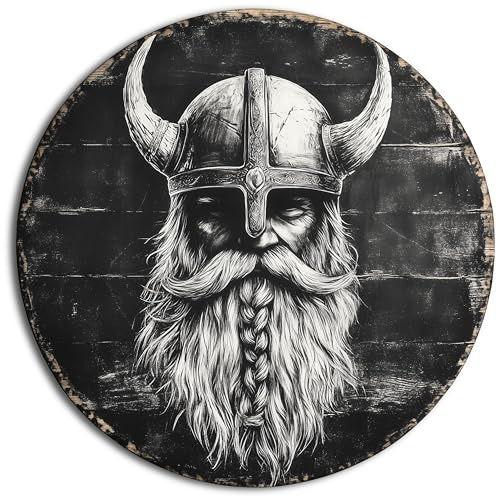 DRO Design - Wikinger Bild auf Leinwand 30cm Rund - Kunst-Druck auf 6mm HDF - Rund Wohnzimmer Deko Modern Wandbild Kunstdruck auf Leinwand Bild Schlafzimmer Abstrakt Retro Kreideoptik