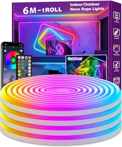 6M Neon Rope Lights,Flexible Rope Lights Control with App/Remote,Multiple Modes Strip Lights,IP65 Outdoor RGB Led Neon Waterproof,Music Sync Gaming Led Neons Light Strip for Bedroom Decor