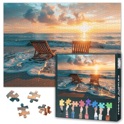 Strandkunst-Puzzle | Natürliche Landschaft mit Sonnenuntergang am Strand über dem Meer Puzzles 1000 Teile für Erwachsene Design zum Stressabbau und für Familien-Spieleabende