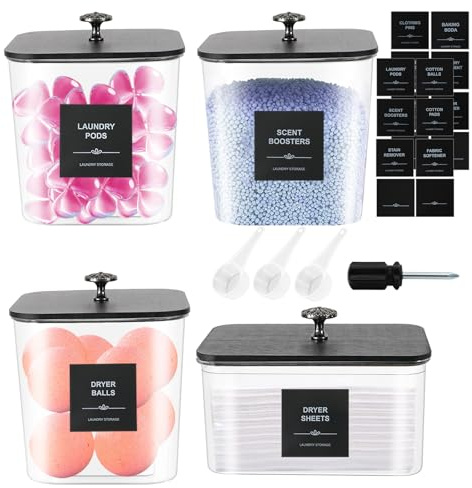 4 Pack Laundry Pods Container & Dryer Sheet Holder - Clear Plastic Laundry Room Organization Storage Containers with Black Lids, Scoops & Labels for Detergent Pods, Powder, Washing Beads