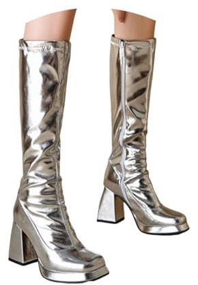 Generisch Stivali lunghi e alti, da donna, eleganti, alti, al ginocchio, con chiusura lampo, stivali invernali, argento, 39 EU