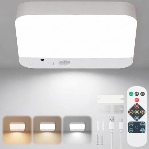 URAQT LED Deckenleuchte, Deckenlampe Badezimmer mit Bewegungsmelder 1 Stück | Magnetische Deckenlampe 3 Farbtemperaturen mit Fernbedienung Timer, Wiederaufladbar Lampe für Keller Garage Schlafzimmer Flur