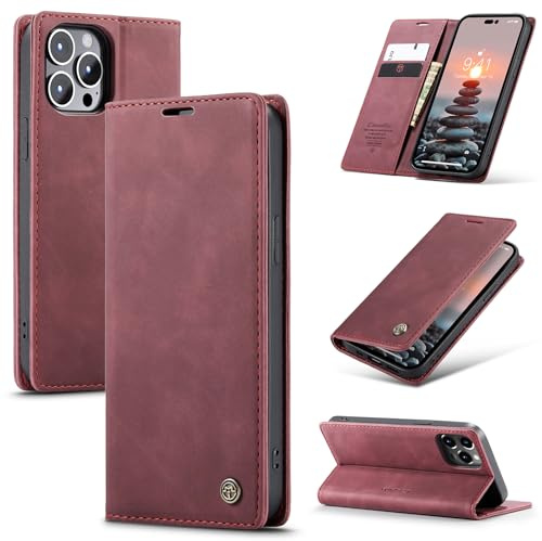 Ottcooed Handyhülle für iPhone 14 Pro Hülle, Premium Leder Flip Case, Magnet Klappbar Klapphülle Tasche, Standfunktion Kartenfach Wallet Schutzhülle für iPhone 14 Pro, Weinrot