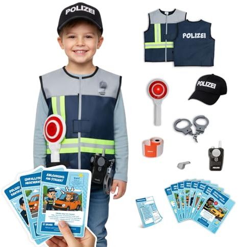 alldoro Rollenspielsets Feuerwehr/Polizei/Bauleiter, Kostüm mit Weste, Kopfbedeckung & Zubehör, inkl. Spielkarten, für Kinder ab 3 Jahren