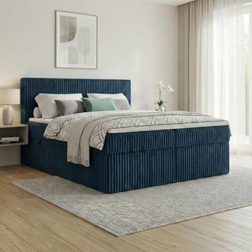 A&J MöbelLand Boxspringbett RALF 140x200 mit Bettkasten und Topper – Bonellmatratze H4 – Stauraum in Blau