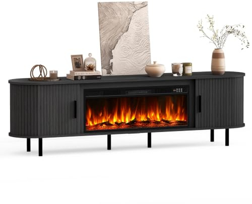 Quiniver 80 Curved Fluted TV Stand With Electric Fireplace Black | Dual heat settings, realistic log flames, auto timer, concealed storage, easy clean surface, elevated legs for vacuum, UKCACE