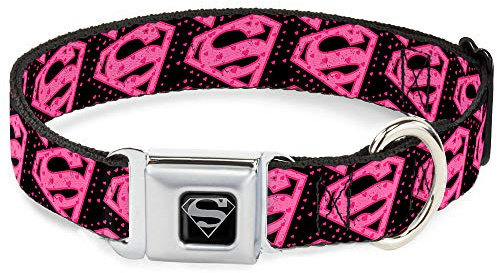 Dog Collar Seatbelt Buckle Diagonal Superman Logo Hearts Black Pink 9 to 15 Inches 1.0 Inch Wide