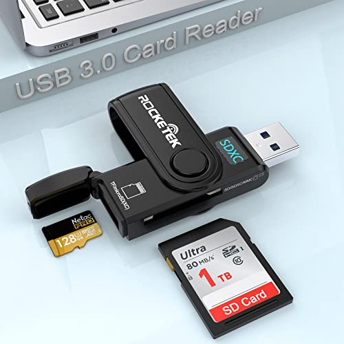 USB 3.0 SD Card Reader, Rocketek 2 Slots Memory Card Reader with a Build-in Micro SD Card Cap for SDXC/SDHC/UHS-I SD Cards, TF/Micro SD Cards Reader - Take It as a USB 3.0 Flash Drive