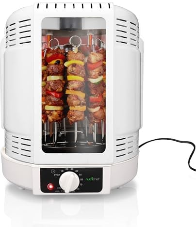 NutriChef Vertical Rotisserie Oven, Countertop Kebab Maker, 10L Shawarma Grill Machine, Chicken Spit Roaster for Perfectly Roasted Chicken, Turkey, Lamb, With Skewer, Basket & Drip Tray, White