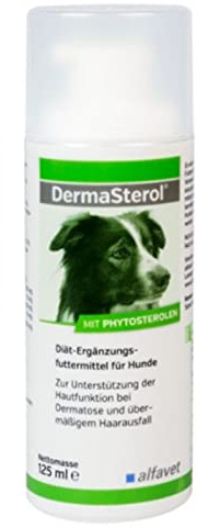 Alfavet DermaSterol - für Hunde, bei Haarausfall, 125 ml Spender | Ergänzungsfuttermittel bei Dermatose, reich an Omega 3 & 6 Fettsäuren zur Unterstützung der Hautfunktion & Barriere