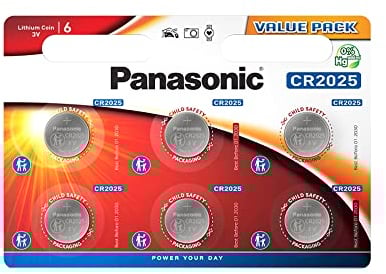 Panasonic CR2025, Batteria al litio, 3V, Confezione di 6 batterie