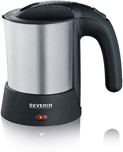 SEVERIN Kit Bouilloire de Voyage, 0,5L, 1 000W, Inclus : 2 Tasses Plastiques, 1 Cuillère et 1 Sac de Voyage, Inox/Noir, WK 3646