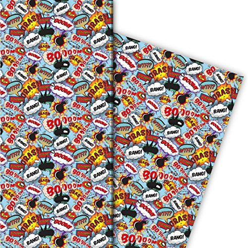 Kartenkaufrausch Cooles Geschenkpapier Set 4 Bogen, Dekorpapier mit Comic Sprechblasen nicht nur für Teenager als edle Geschenkverpackung, Musterpapier zum basteln 32 x 48cm