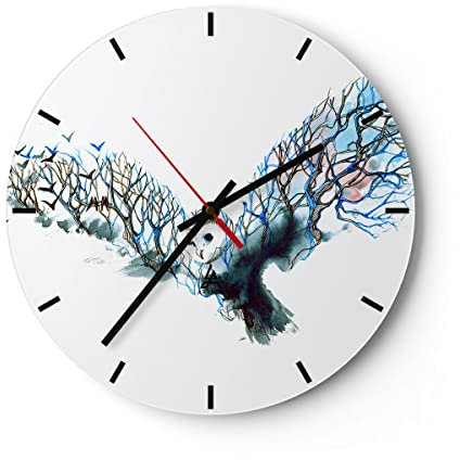 Modern Wanduhr Eule wild Wald Flug 30x30cm Rund Klein Wand Uhr Glas Analog Zimmeruhren Küche Büro Wohnzimmer Glasuhr Wall Clock Dekoration Design Wanddekoration Küchenuhr C3AR30x30-3122