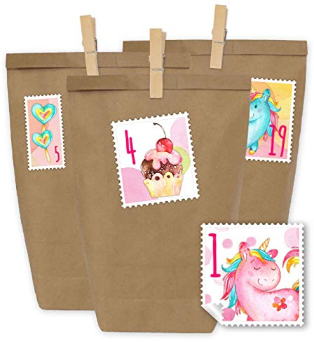 Papierdrachen Adventskalender zum Befüllen - 24 Geschenktüten und 24 Zahlenaufkleber und Klammern - Motiv Briefmarke Einhörner - zum Befüllen und basteln - Weihnachten - Mini Set Nr 50