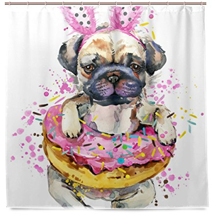 BALII Duschvorhang mit Mops-Motiv, 183 x 183 cm, Polyester, wasserdicht, mit 12 Haken für Badezimmer