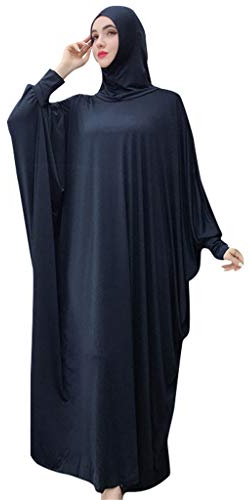 Lazzboy Muslim Frauen Einfarbig Kopfbedeckungen Moschee Fledermaus ärmel Strickjacke Ramadan Kleid Ethnische Roben Damen Sommer Muslimische Kleider Spitze Getrimmt Vorne Abaya Maxi Kaftan(Marine)
