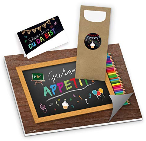itenga Set 3-teilig Einschulung Schulanfang Schule Schulkind Party Tafel Feier - Tischset Bestecktaschen Tischkarten