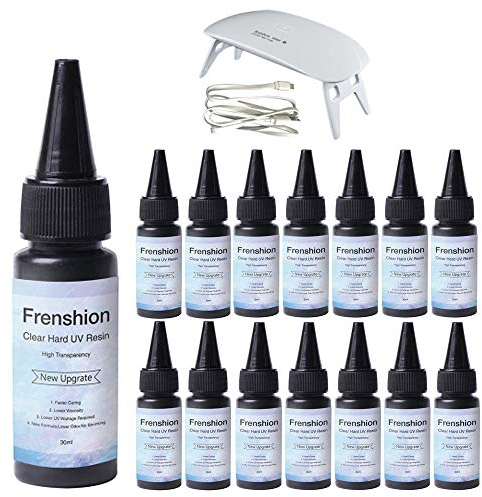 Frenshion 15 Piezas 30 ML Pegamento de resina UV de cristal para bricolaje Hogar Artesanía profesional Joyería Pendientes Collar Pulsera Accesorios de arte de uñas + Mini lámpara portátil LED UV