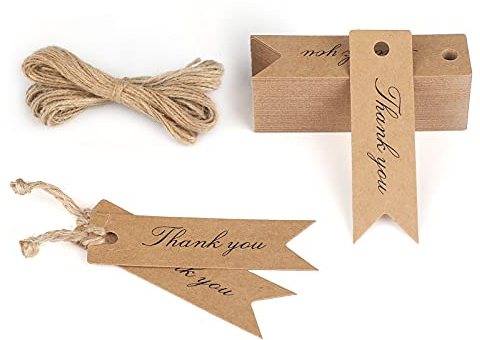 jijAcraft 100 Pcs Kraft Paper Mini Tags, Thank You Gift Tags, 7x2 cm Hanging Decoration Labels with Jute Twine for Wedding Favors (Brown)